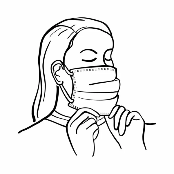 Medizinische Maske. Viren- und Staubschutz. Das Gesicht der Frau ist mit einer weichen medizinischen Maske bedeckt. — Stockvektor