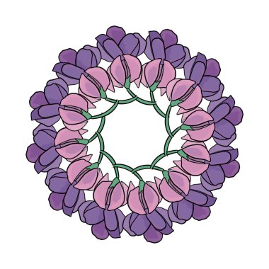 Yapraklı, yuvarlak, sıkı bir çiçek çelengi. Kartların şenlikli dekorasyonu, davetiyeler için. Vektör çiçek süsü.