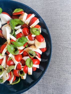 Sulu vişneli domates salatası, peynir ve otlar. Ev yapımı yemek. Sembolik görüntü. Lezzetli ve sağlıklı yemek kavramı..