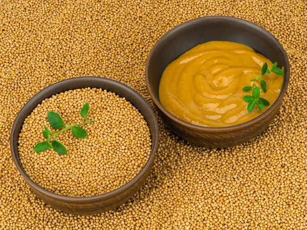 Mustard in a plate and mustard seeds — 스톡 사진