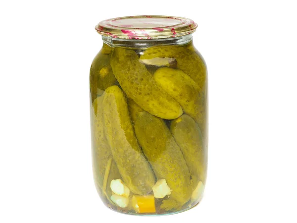 Glass jar with homemade pickled cucumbers on a white background — Stock Photo, Image