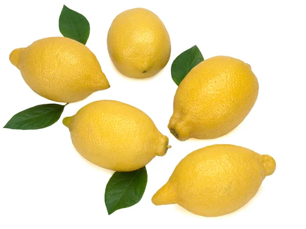 Πέντε ολόκληρα κίτρινα λεμόνια με πράσινα φύλλα που απομονώνονται σε λευκό φόντο — Φωτογραφία Αρχείου