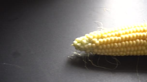 玉米的大粗耳位于黑色背景 有叶子的玉米芯 太阳发光 自然光 大的黄耳玉米 生蔬菜 健康的饮食 — 图库视频影像