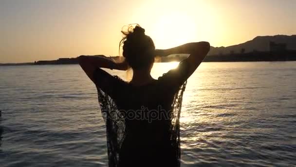 女人坐在沙滩上的剪影 — 图库视频影像
