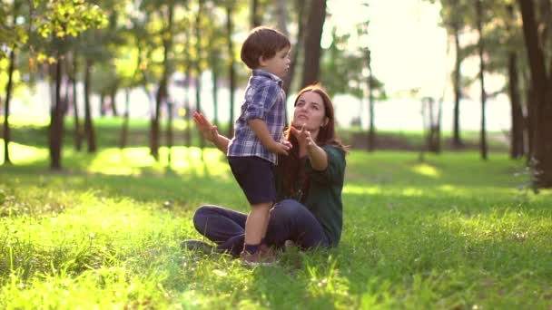 Barnet sitter besegrar till hans mor i parken — Stockvideo