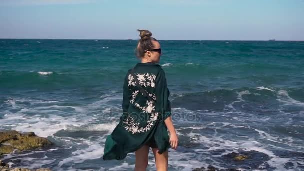 Joven chica feliz esparciendo brazos en el hermoso mar — Vídeo de stock