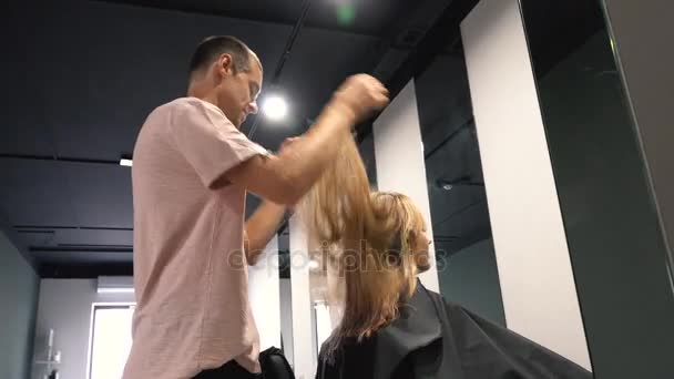 Estilista, Peluquera está haciendo el peinado para una mujer con cabellos largos, peinando los cabellos húmedos antes de hacer un peinado — Vídeos de Stock