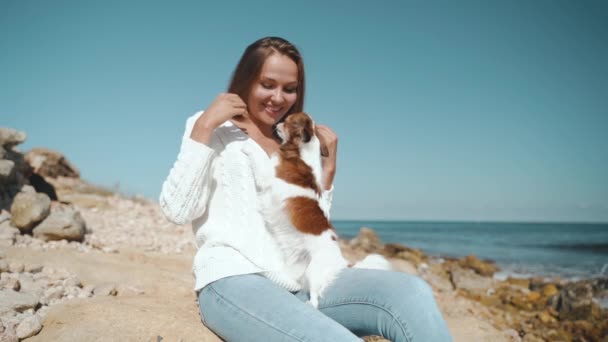 Jonge volwassen vrouw spelen met kleine hond — Stockvideo