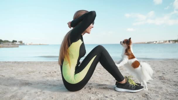 Joven adulto deportivo mujer entrenamiento con poco perro al aire libre — Vídeos de Stock