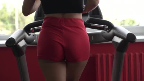 Молода доросла спортивна жінка робить спортивні вправи в спортзалі — стокове відео
