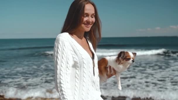 Молодая взрослая женщина держит маленькую собачку на руках — стоковое видео