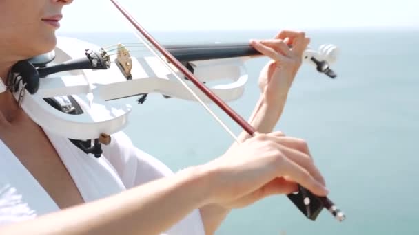 Young adult violinist lady playing classical music on modern violin — Stock Video