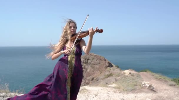 Genç kemancı kız kemanla klasik senfoni müziği çalıyor. — Stok video