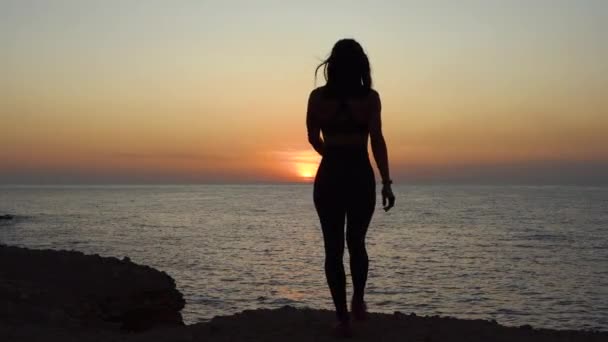 Menina adulta jovem de pé perto do mar, olhando para o pôr do sol — Vídeo de Stock