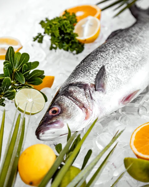 close up of raw fish head on ice with fruit