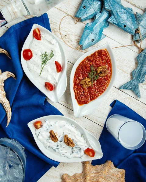 Türk meze tabakları ve Türk rakısı manzarası — Stok fotoğraf