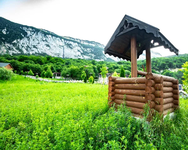 Poço de madeira no meio da grama verde — Fotografia de Stock
