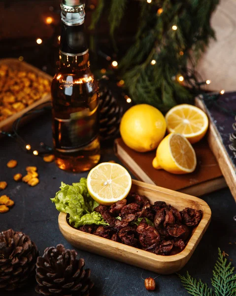 Fried Meat Lemon Slices Beer — Stock Photo, Image