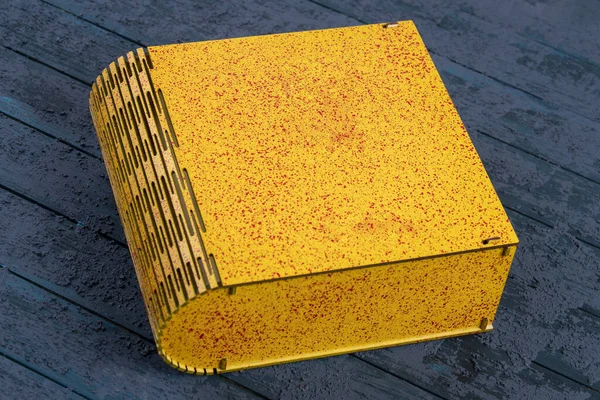 wood box in yellow with red details on plain background