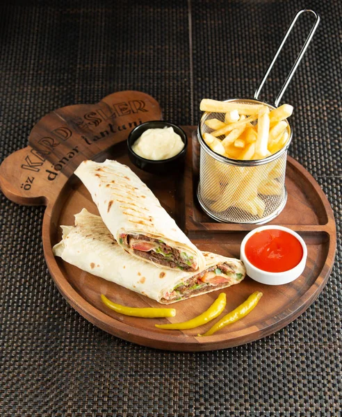 Doner served with french fries, ketchup and mayonnaise — Stock Photo, Image