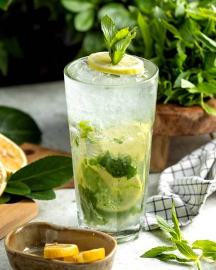 Limon dilimi ve nane yapraklarıyla süslenmiş mojito bardağı.