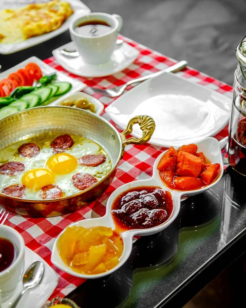 Breakfast set with various food __ — Stok fotoğraf