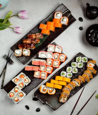 sushi set on the table top view __