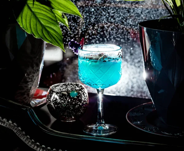 Um copo de cristal com coquetel azul decorado com pétalas de rosa — Fotografia de Stock