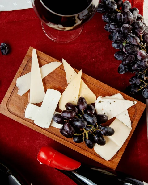 Different Types Cheeses Grapes Glass Red Wine — Stock Photo, Image