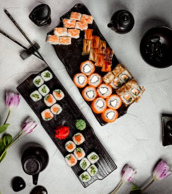 sushi set on the table top view _____