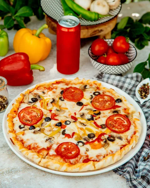 Italiensk pizza med svamp, tomat, oliv och paprika — Stockfoto