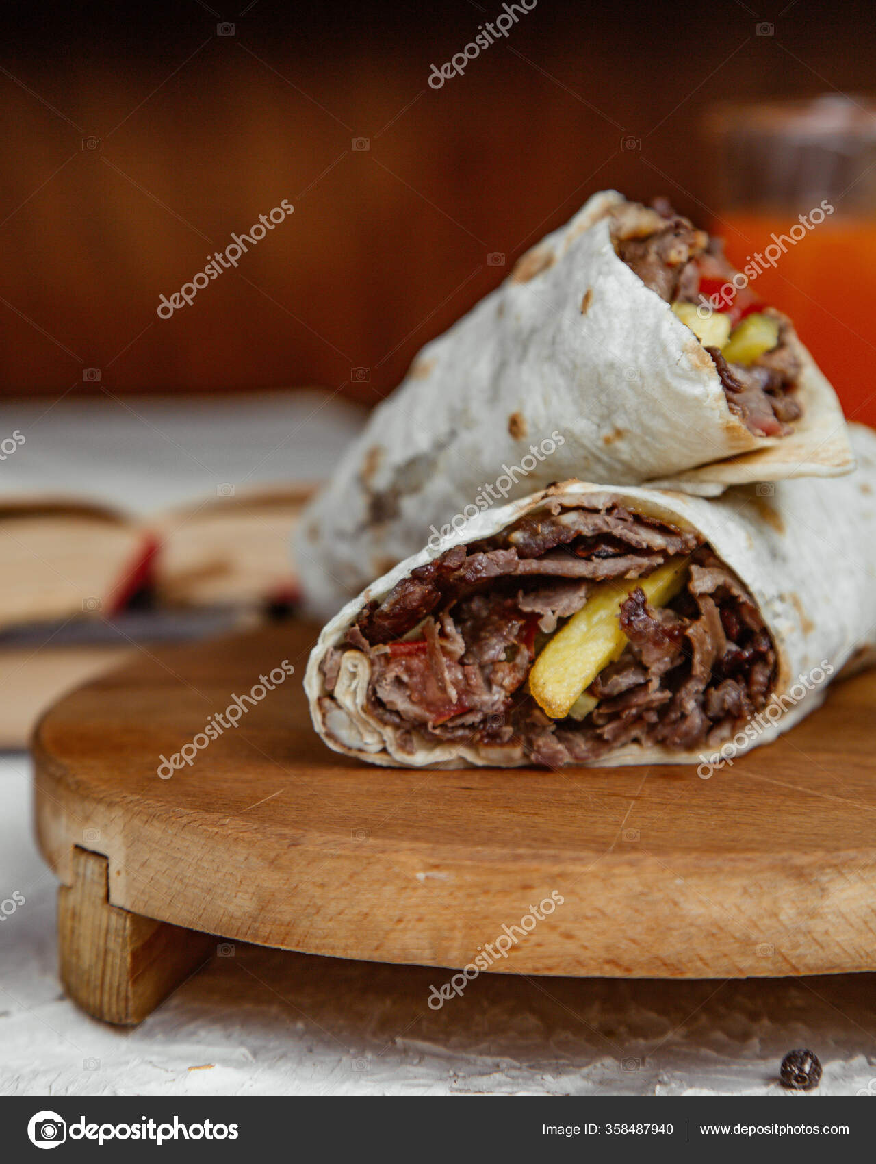 Close Beef Doner Wrap Flatbread Pickled Cucumber Tomato French Fries