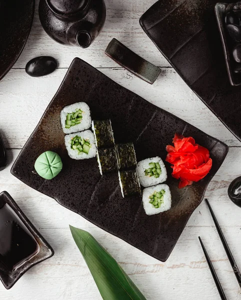 Ensemble Sushi Noir Sur Vue Dessus Table — Photo