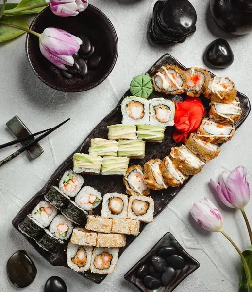 Sushi Ensemble Sur Table Vue Dessus — Photo