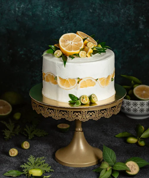 Lemon Cake Decorated White Cream Citrus Fruits — Stock Photo, Image