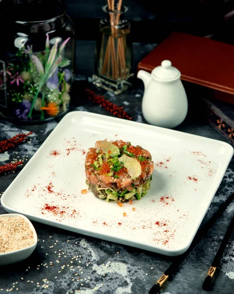 Salad Red Caviar Salmon Avocado — 스톡 사진