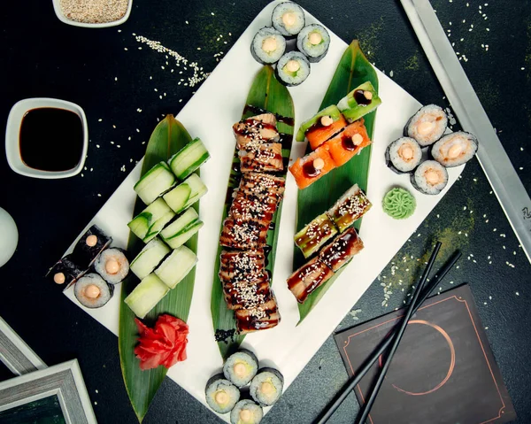 Sushi Rolls Topped Soy Sauce Sesame — Stock Fotó