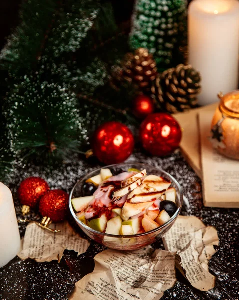 Mixed Fruit Salad Served Glass Pot — Stock Photo, Image