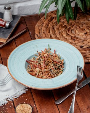 meat salad with vegetables on the table _