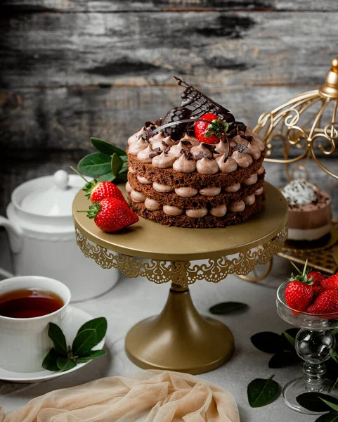 Cacao Naked Cake Decorated Cacao Cream Strawberry — Stock Photo, Image