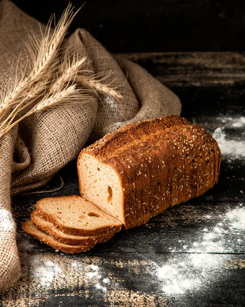 Side View White Bread Sliced Bread Seeds Wheat Flour Table — Stock Photo, Image