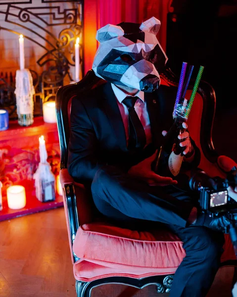 Hombre Vistiendo Panda Partido Máscara Traje Sentado Sillón Club — Foto de Stock
