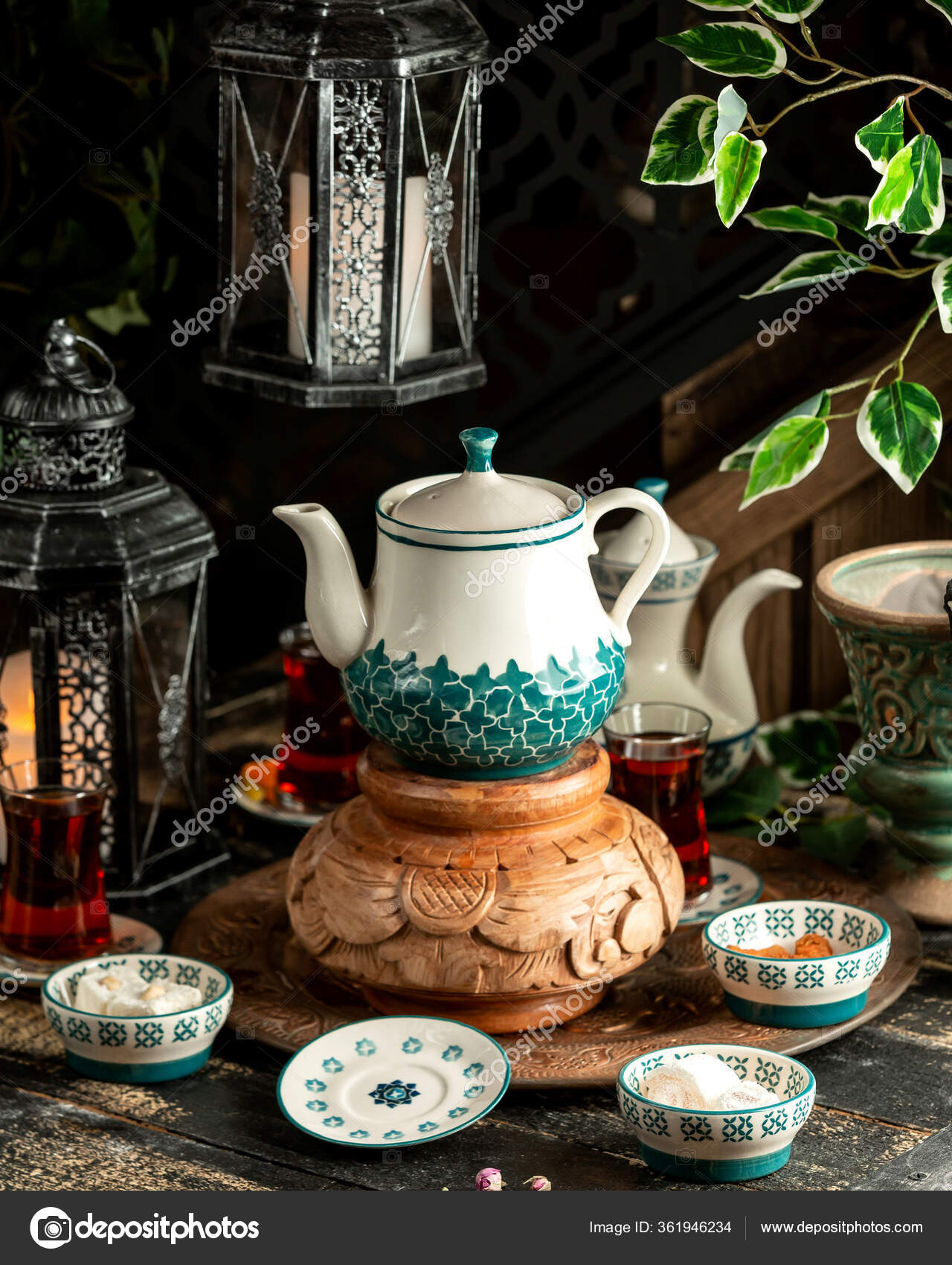 Side View Tea Black Tea Teapot Turkish Delight Tray Stock Photo by