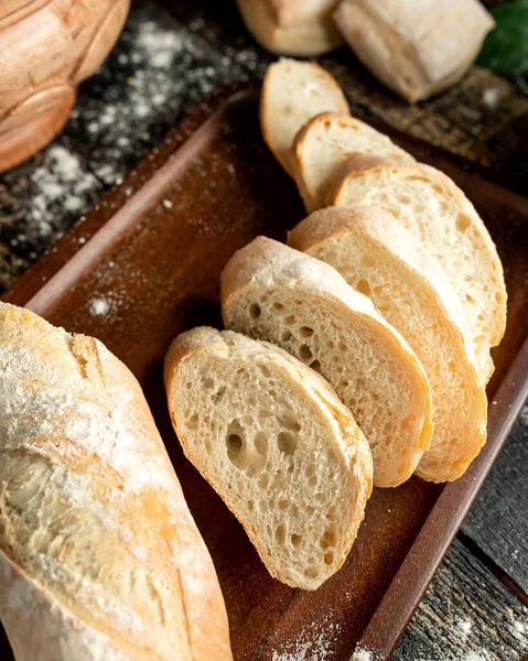 Side View Bread Baguette Board Buns Flour Table — Stock Photo, Image