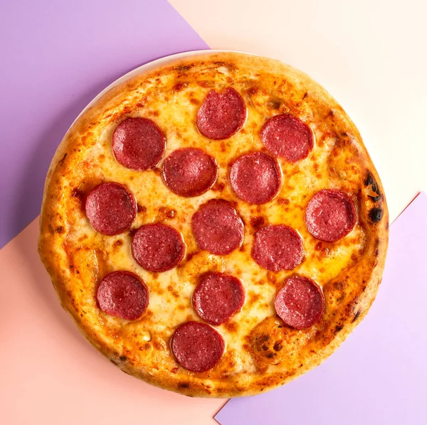 Top View Pepperoni Pizza Salami Cheese Table — Stock Photo, Image