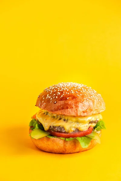 Side View Cheeseburger Double Beef Patty Cheese Tomato Lattuce Leaf — Stock Photo, Image