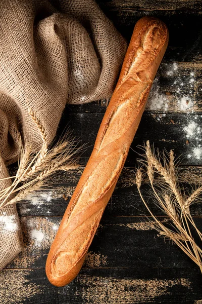 Top View Baguette Bread Flour Wheat Table — Stock Photo, Image