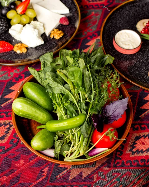 Salatalık Domatesli Yeşil Tabak Horoz Otu Koyu Yapraklı Fesleğen Dereotu — Stok fotoğraf
