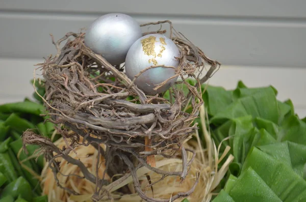 Silver easter eggs in the nest. Easter plants — Stock Photo, Image