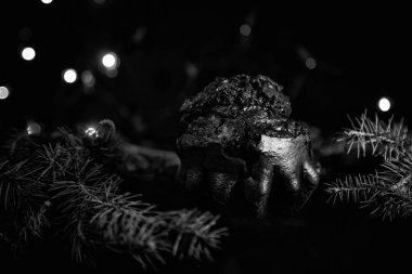 Noel için Rowan ve çam dallarıyla süslenmiş çikolatalı kek. Işıklı, el yapımı.